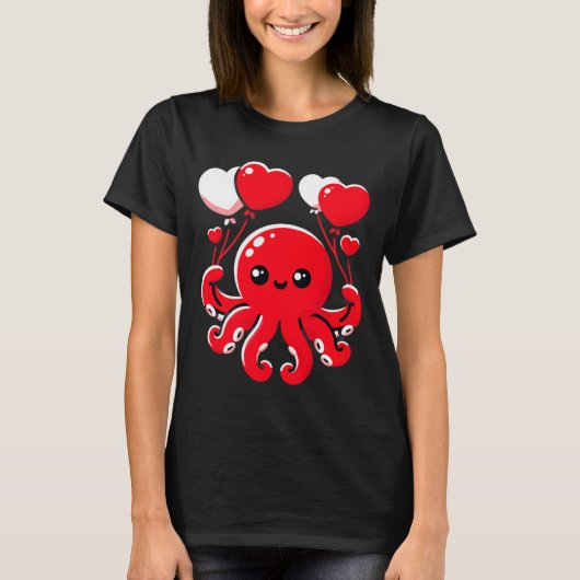 Octopus With Heart Lloons Adorable Valentines Day  T-shirt (Voorkant)