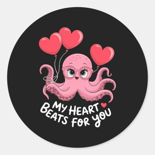 Octopus With Heart Lloons My Heart Beats For You V Ronde Sticker (Voorkant)