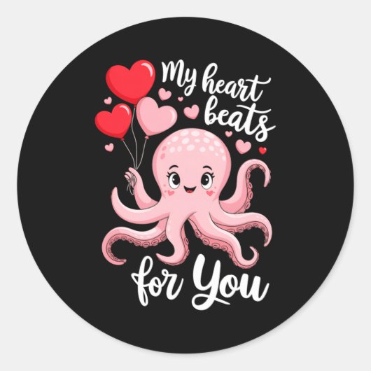 Octopus With Heart Lloons My Heart Beats For You V Ronde Sticker (Voorkant)