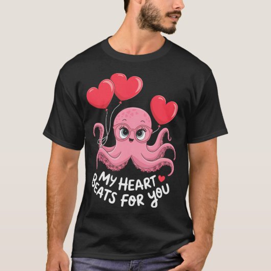 Octopus With Heart Lloons My Heart Beats For You V T-shirt (Voorkant)