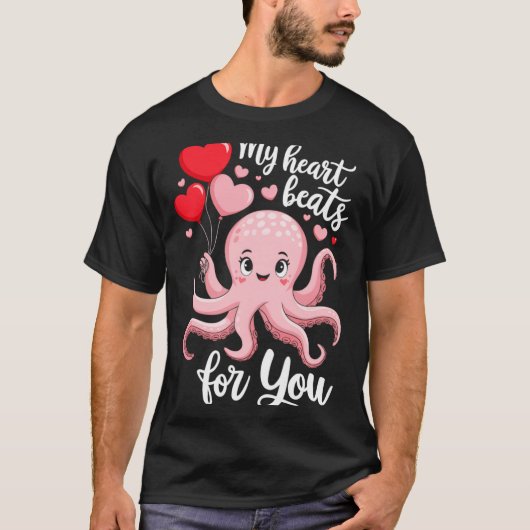 Octopus With Heart Lloons My Heart Beats For You V T-shirt (Voorkant)