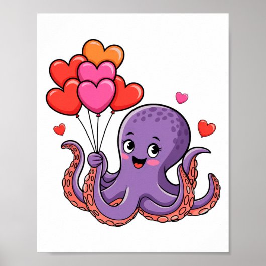 Octopus With Heart Lloons Valentine Day  Poster (Voorkant)