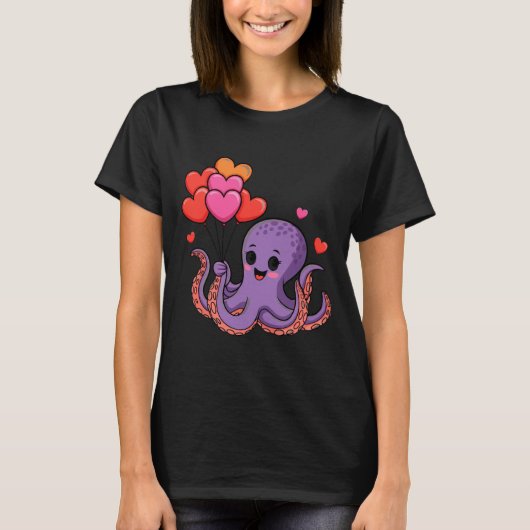 Octopus With Heart Lloons Valentine Day  T-shirt (Voorkant)