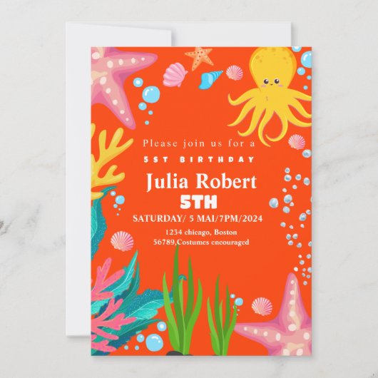 octopus Zee Dieren oranje verjaardagsuitnodiging Kaart (Voorkant)