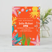 octopus Zee Dieren oranje verjaardagsuitnodiging Kaart (Staand voorkant)