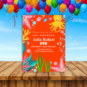 octopus Zee Dieren oranje verjaardagsuitnodiging Kaart