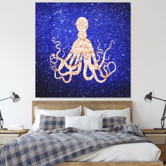 Octopus Zee Ocean Roos Gold Cobalt Blue Glitter Canvas Afdruk (Insitu (Slaapkamer))