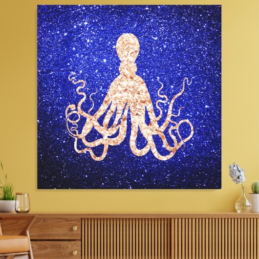 Octopus Zee Ocean Roos Gold Cobalt Blue Glitter Canvas Afdruk (Insitu (Woonkamer))
