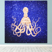 Octopus Zee Ocean Roos Gold Cobalt Blue Glitter Canvas Afdruk (Insitu (Houten vloer))