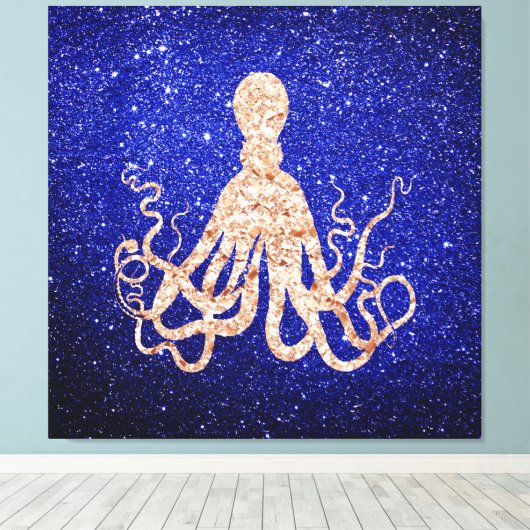 Octopus Zee Ocean Roos Gold Cobalt Blue Glitter Canvas Afdruk (Insitu (Houten vloer))