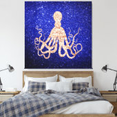 Octopus Zee Ocean Roos Gold Cobalt Blue Glitter Canvas Afdruk (Insitu (Slaapkamer))