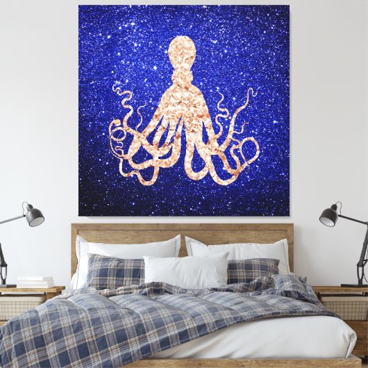Octopus Zee Ocean Roos Gold Cobalt Blue Glitter Canvas Afdruk (Insitu (Slaapkamer))