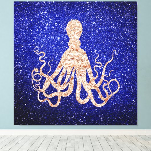 Octopus Zee Ocean Roos Gold Cobalt Blue Glitter Canvas Afdruk (Insitu (Houten vloer))