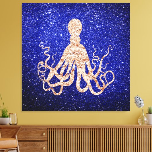 Octopus Zee Ocean Roos Gold Cobalt Blue Glitter Canvas Afdruk (Insitu (Woonkamer))