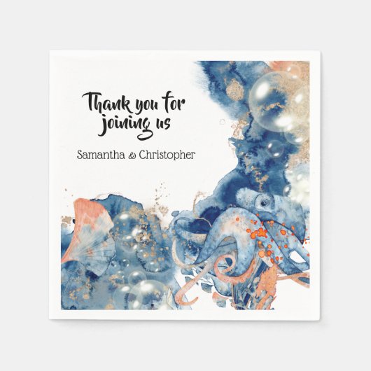 Octopus zee schepsels marineblauw sinaasappel zeel servet (Voorkant)