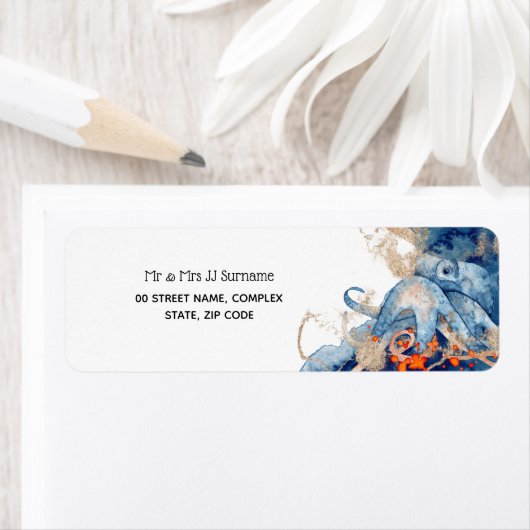 Octopus zee schept marineblauw oranje nautisch etiket (Insitu)