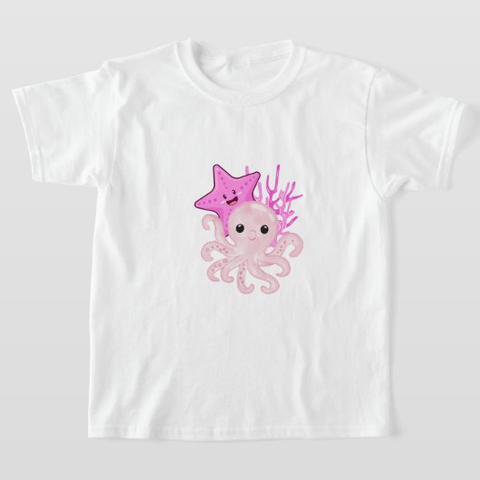 Octopus, zeesterren, koraalrif in roze, Zee Design T-shirt (Laagn)