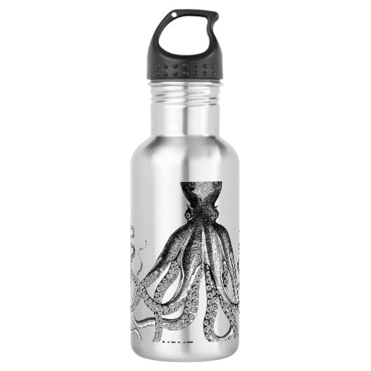 octopus, zwart en wit, waterfles (Voorkant)