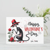 Odd Black Cat Met Rood Pet Happy Valentijnsdag Feestdagenkaart (Staand voorkant)