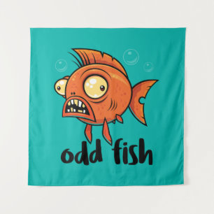 Odd Fish Quirky Funny Oranje Goudvis Cartoon Wandkleed