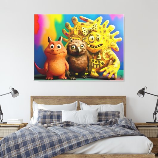OddFriends - Kleurrijke Fantasy Creature Trio Canv Canvas Afdruk (Insitu (Slaapkamer))