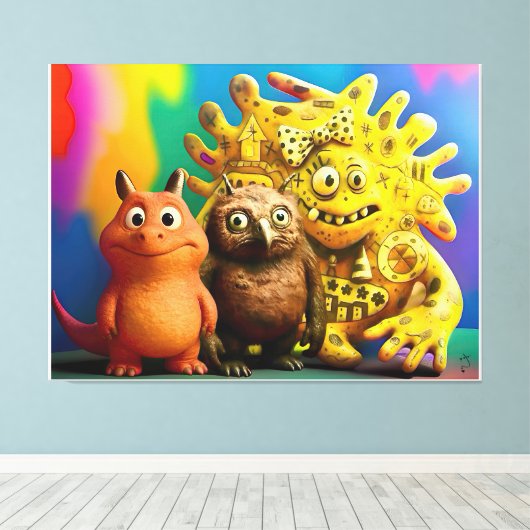 OddFriends - Kleurrijke Fantasy Creature Trio Canv Canvas Afdruk (Insitu (Houten vloer))