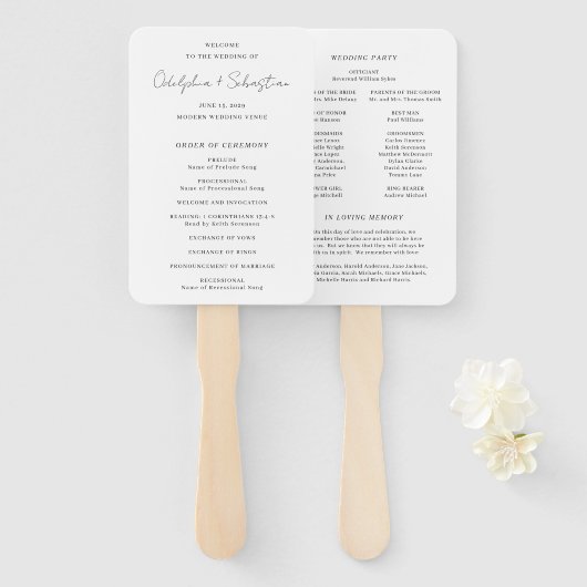 Odelphia Modern Script Elegant Huwelijksprogramma Handwaaier (Voorkant en achterkant)