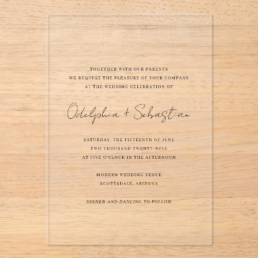 Odelphia Modern Script minimale elegante bruiloft Acryl Uitnodigingen (Voorkant)