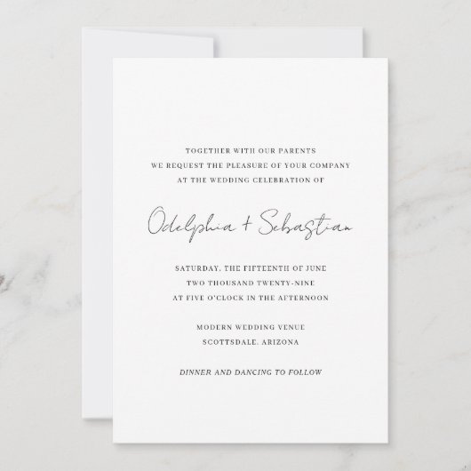 Odelphia Modern Script minimale elegante bruiloft Kaart (Voorkant)