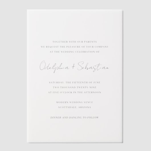 Odelphia Modern Script minimale elegante bruiloft Vellum Uitnodigingen (Voorkant)