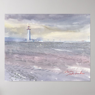 Odesa-vuurtoren en grijs zwart zee-aquarel poster