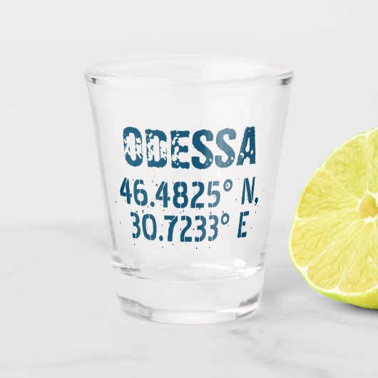 Odessa Oekraine Breedtegraad & Lengtegraad in dist Shot Glas (Voorkant)