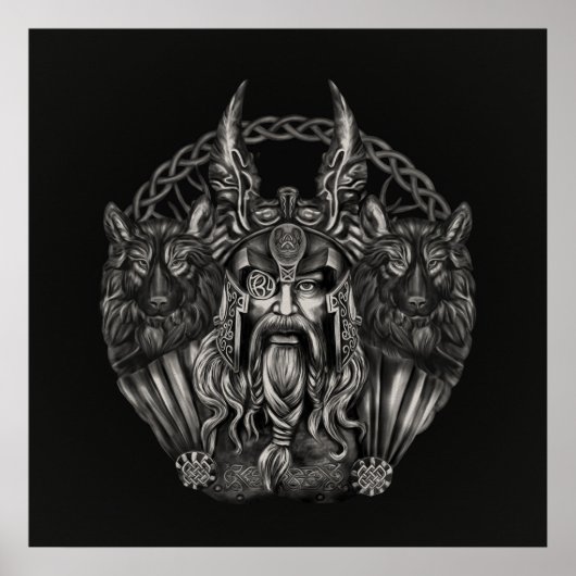 Odin en zijn wolven Geri en Freki Poster (Voorkant)