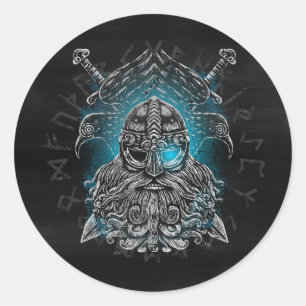 Odin met raven en zwaarden Viking Mythologie blauw Ronde Sticker