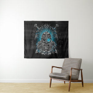 Odin met raven en zwaarden Viking Mythologie blauw Wandkleed