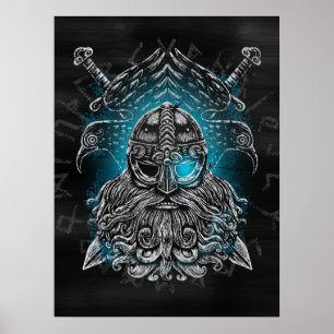 Odin-raven en zwaarden Blauw lichtgevend oog Noors Poster