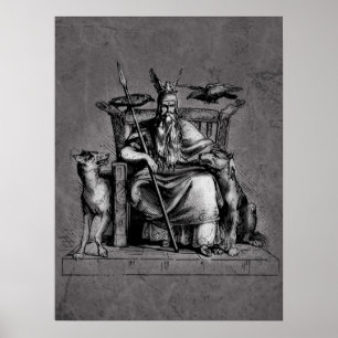 Odins raven op zijn stenen troon viking mythologie poster