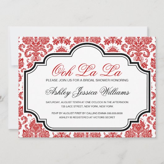 Oe La La La Red Damask Bridal Shower Invitations Kaart (Voorkant)