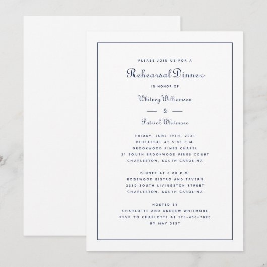 Oefendiner Huwelijk Elegant Script Navyblauw Kaart (Voorkant / Achterkant)