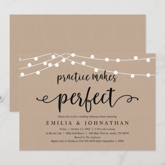 Oefening maakt perfect, rustiek repetitiediner kaart (Voorkant / Achterkant)