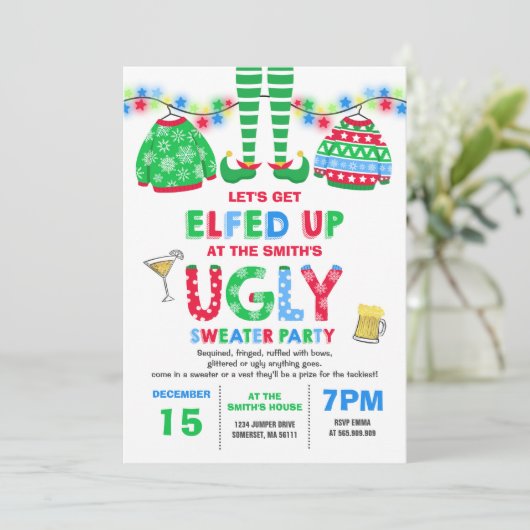 Oeganda Sweater Party Invitation Kerstmis voorbij Kaart (Staand voorkant)