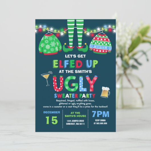 Oeganda Sweater Party Invitation Kerstmis voorbij Kaart (Staand voorkant)