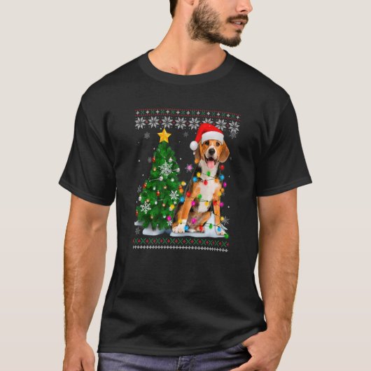 Oegenstaartbeagle Dog Santa Hat-kerstboomverlichti T-shirt (Voorkant)