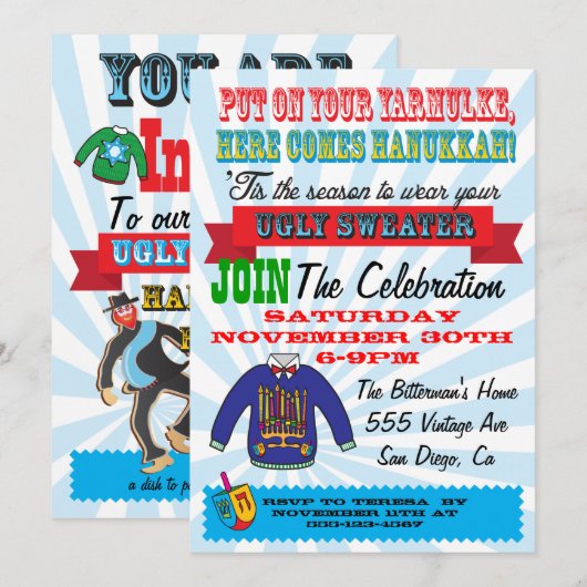 Oegly sweater Hanukkah Party Invitations Kaart (Voorkant / Achterkant)