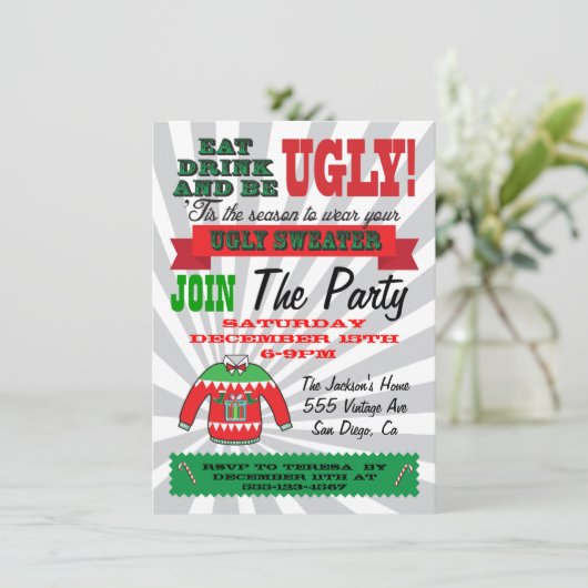 Oegly sweater Kerstparty Uitnodigingen (Staand voorkant)