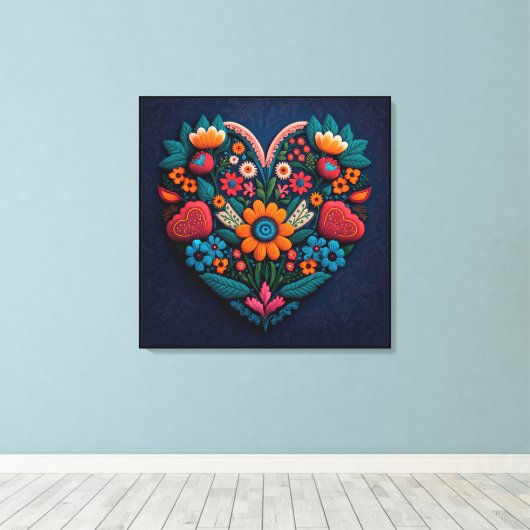 Oekraïens geïnspireerd hart van bloemen canvas afdruk (Insitu (Houten vloer))