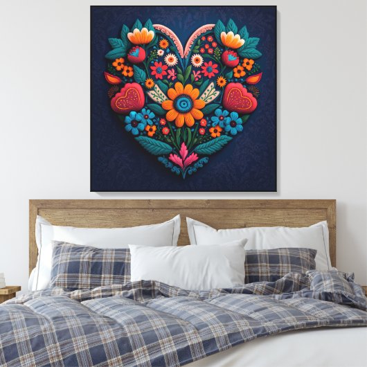 Oekraïens geïnspireerd hart van bloemen canvas afdruk (Insitu (Slaapkamer))