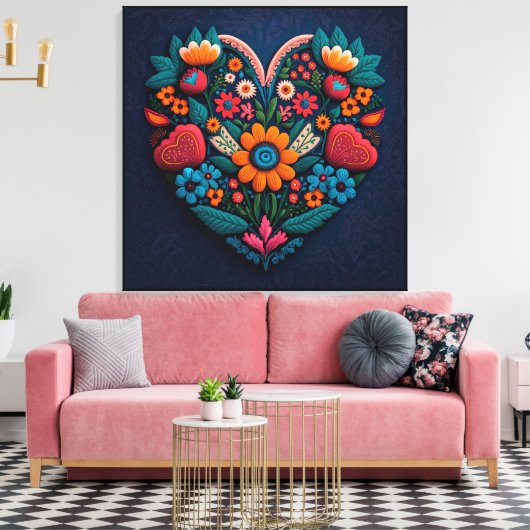 Oekraïens geïnspireerd hart van bloemen canvas afdruk (Insitu (Woonkamer))