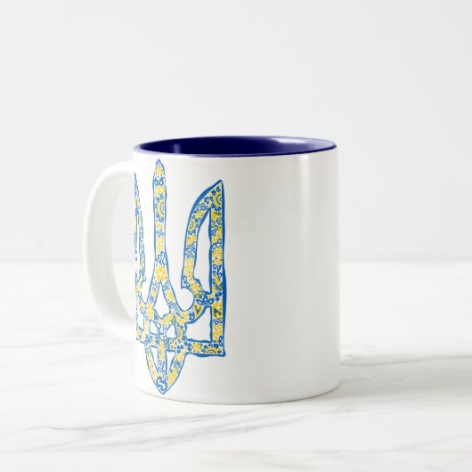 Oekraïens nationaal embleem trident tryzub etnical tweekleurige koffiemok (Voorkant links)