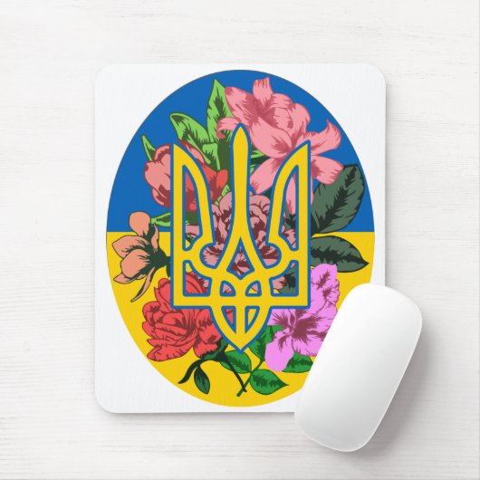 Oekraïense drietand en vlag van Oekraïne met bloem Muismat (Met muis)